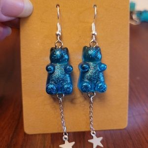 Light blue glittery Bear threader earrings with dangling stars